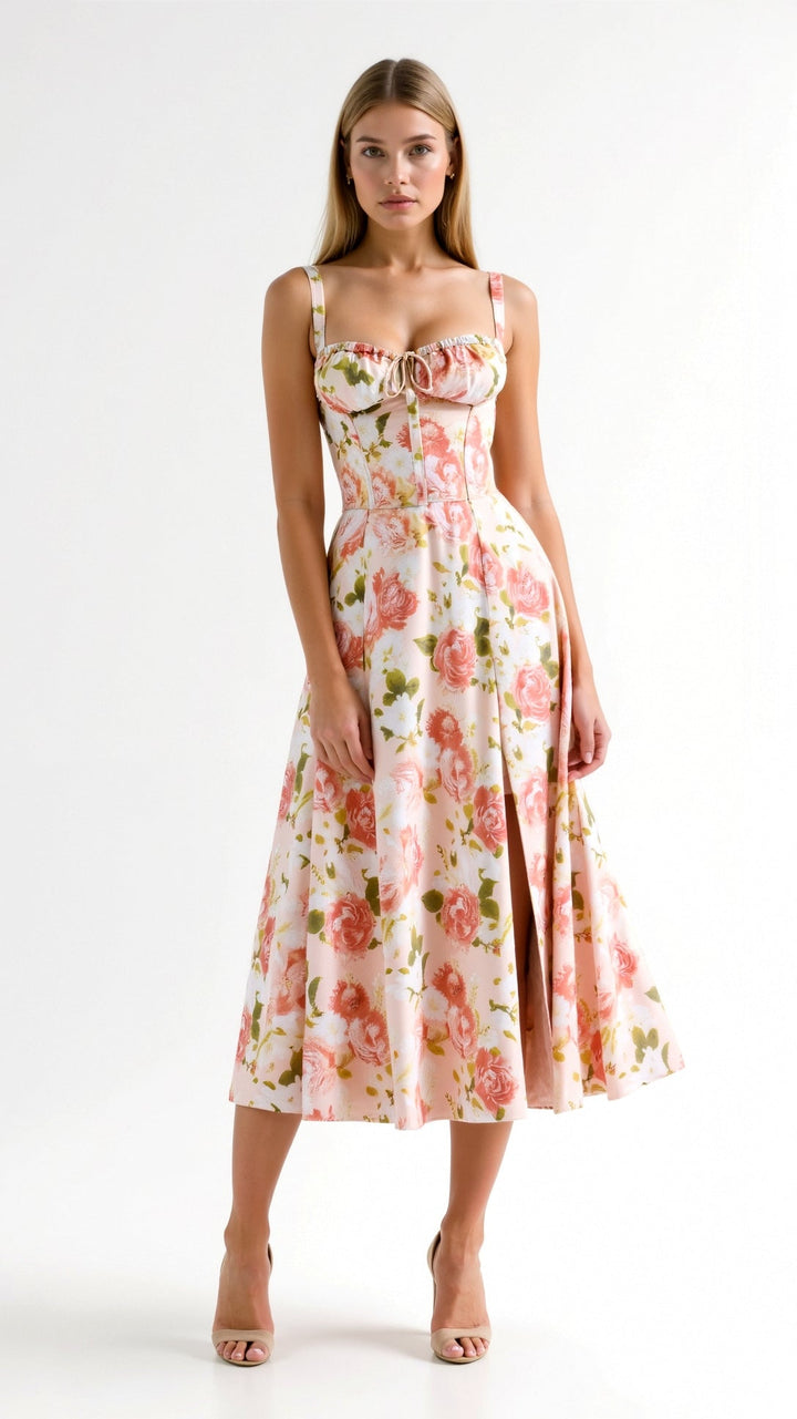Corset Midi Dress with Square Neckline and Lace-Up Back Closure