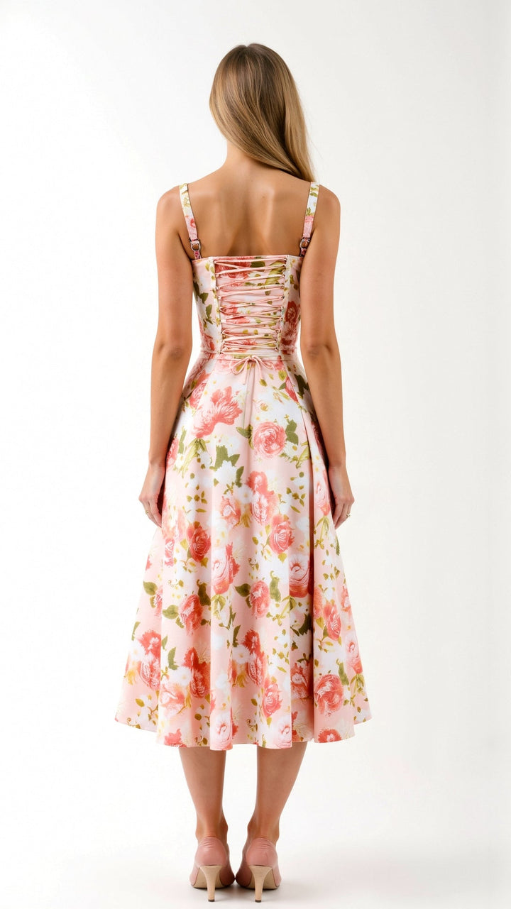 Corset Midi Dress with Square Neckline and Lace-Up Back Closure