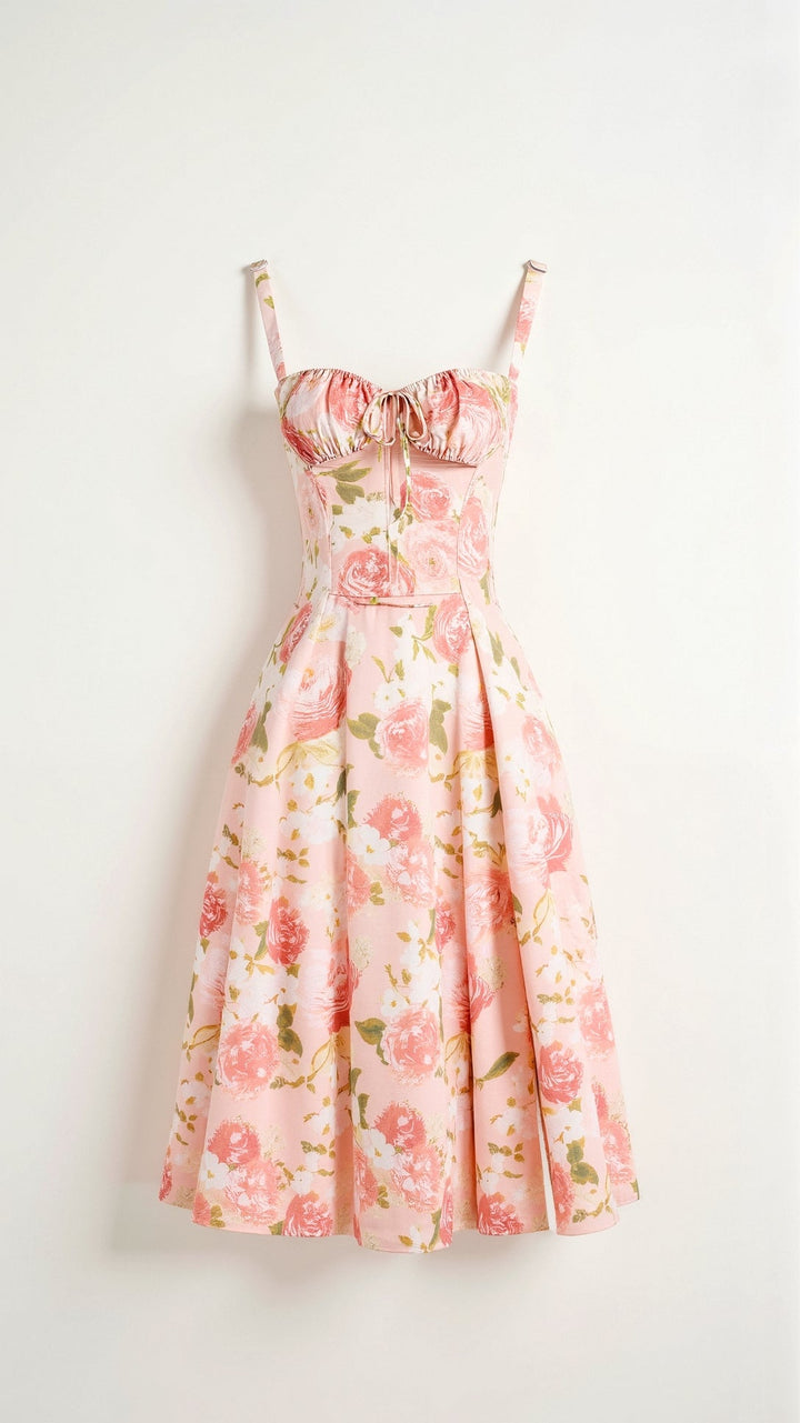 Corset Midi Dress with Square Neckline and Lace-Up Back Closure