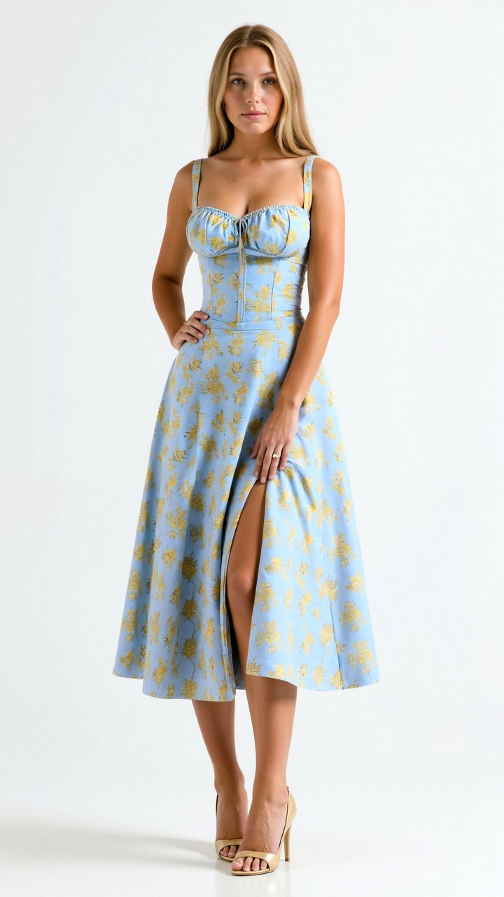 Corset Midi Dress with Square Neckline and Lace-Up Back Closure