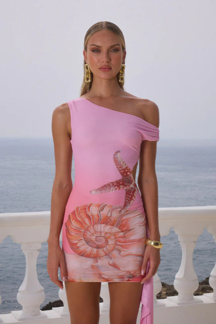 Mini Dress with One-Shoulder Neckline and Side Cutout