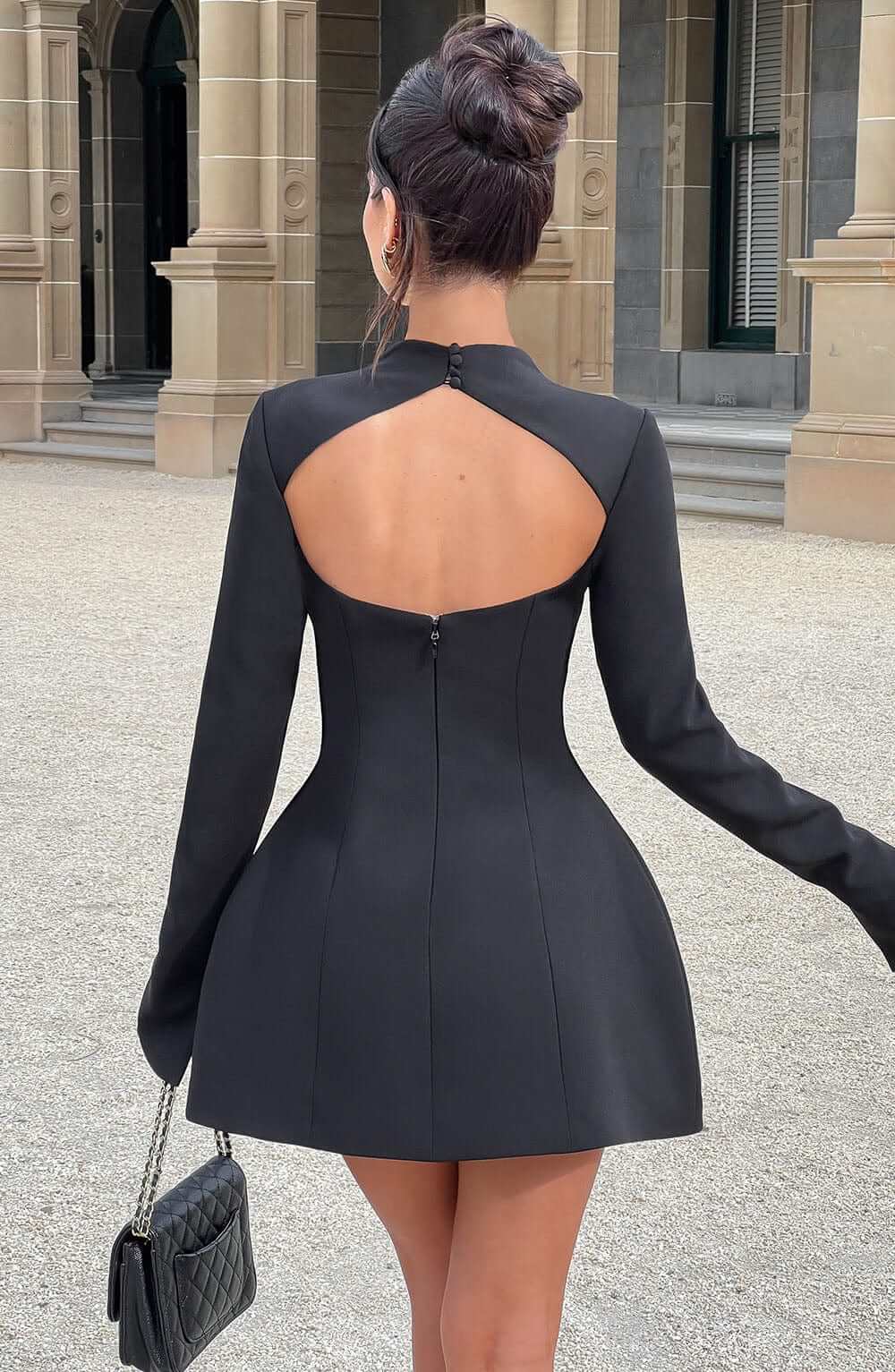 High Neck Mini Dress with Open Back and Long Sleeves