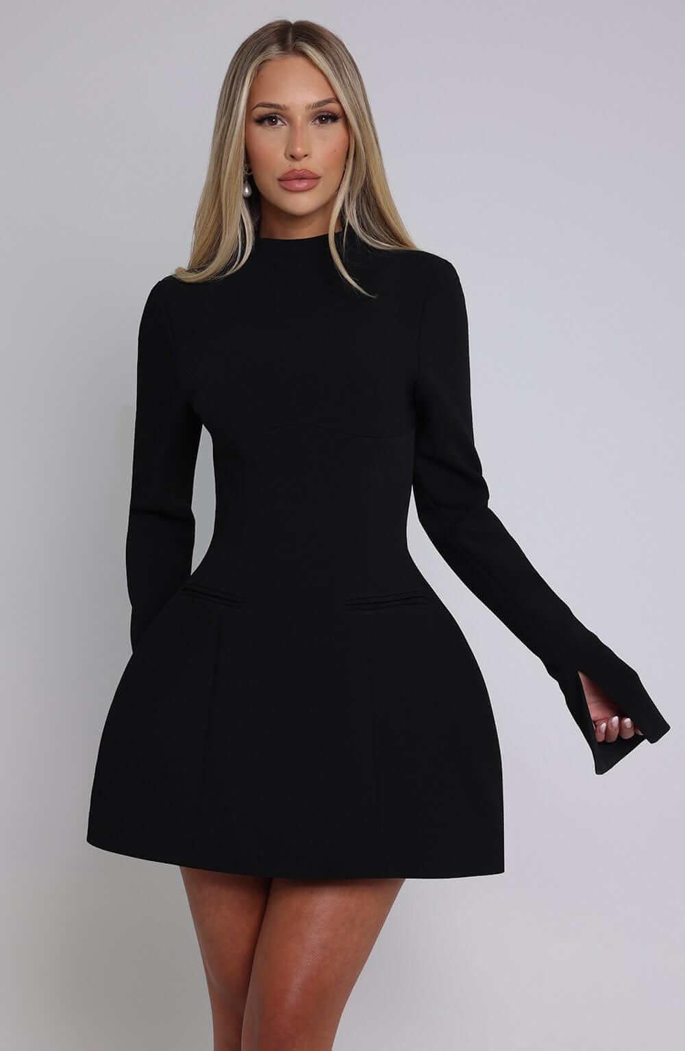 High Neck Mini Dress with Open Back and Long Sleeves