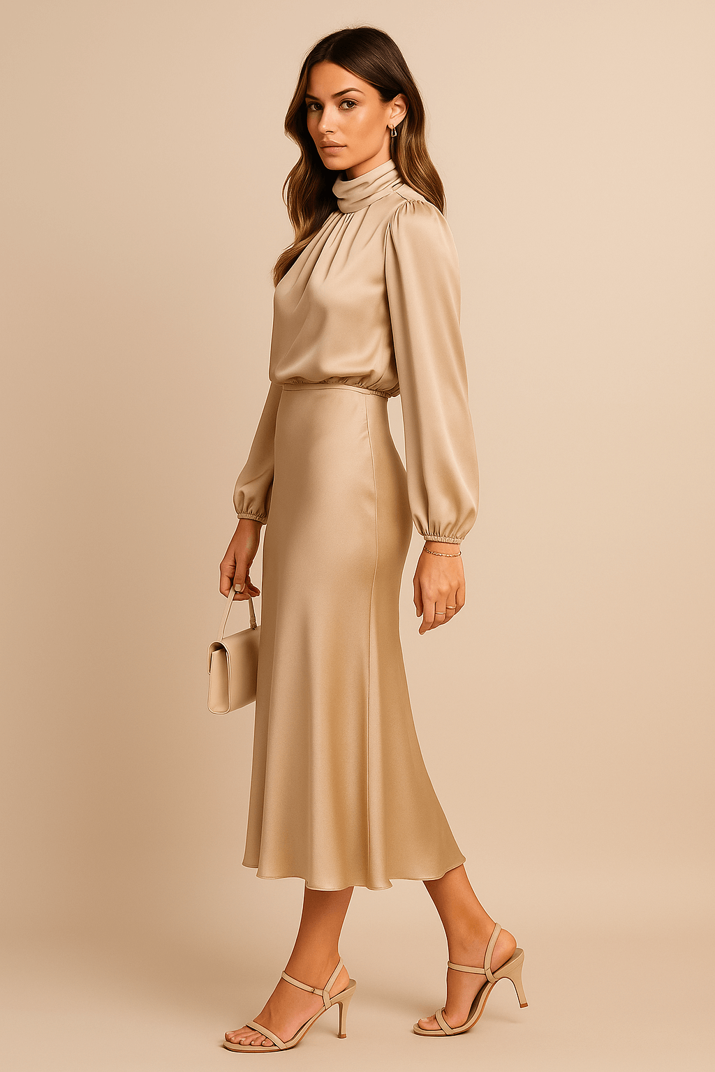 High Neck Midi Dress with Balloon Sleeves and Elasticated Waistband