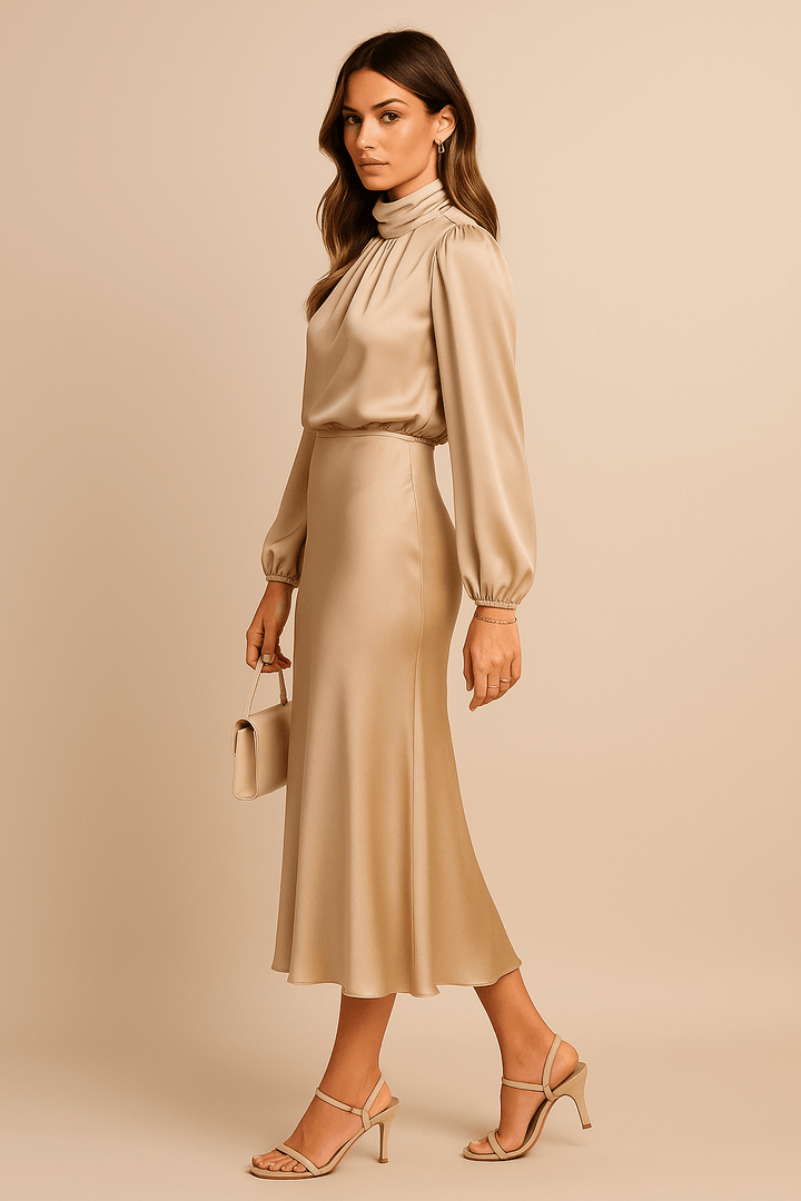 High Neck Midi Dress with Balloon Sleeves and Elasticated Waistband