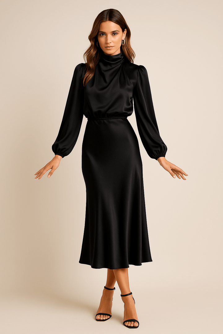 High Neck Midi Dress with Balloon Sleeves and Elasticated Waistband