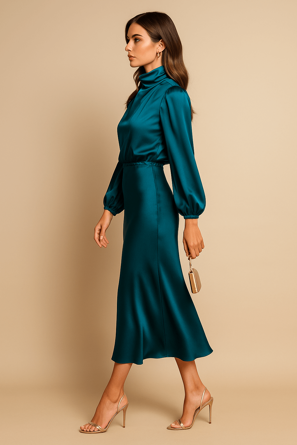 High Neck Midi Dress with Balloon Sleeves and Elasticated Waistband