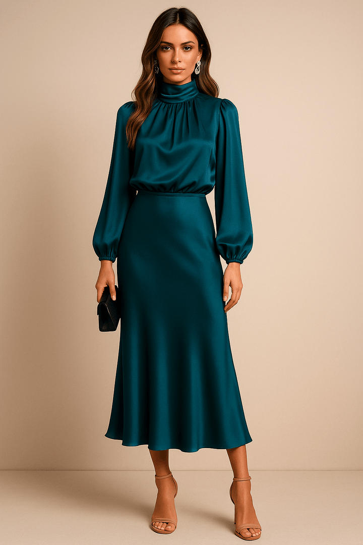 High Neck Midi Dress with Balloon Sleeves and Elasticated Waistband