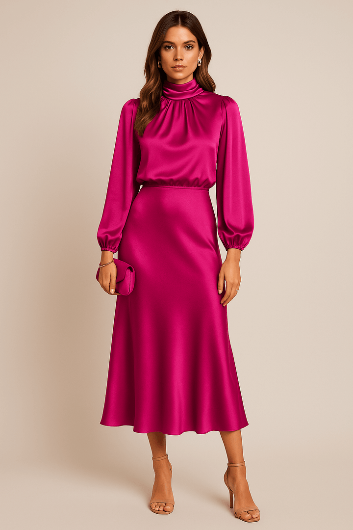 High Neck Midi Dress with Balloon Sleeves and Elasticated Waistband