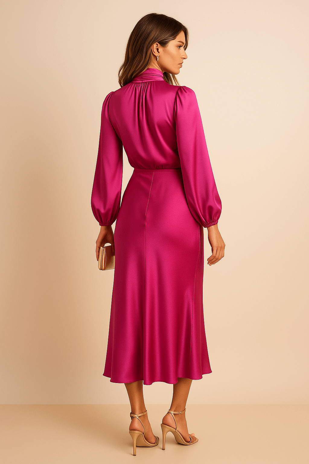 High Neck Midi Dress with Balloon Sleeves and Elasticated Waistband