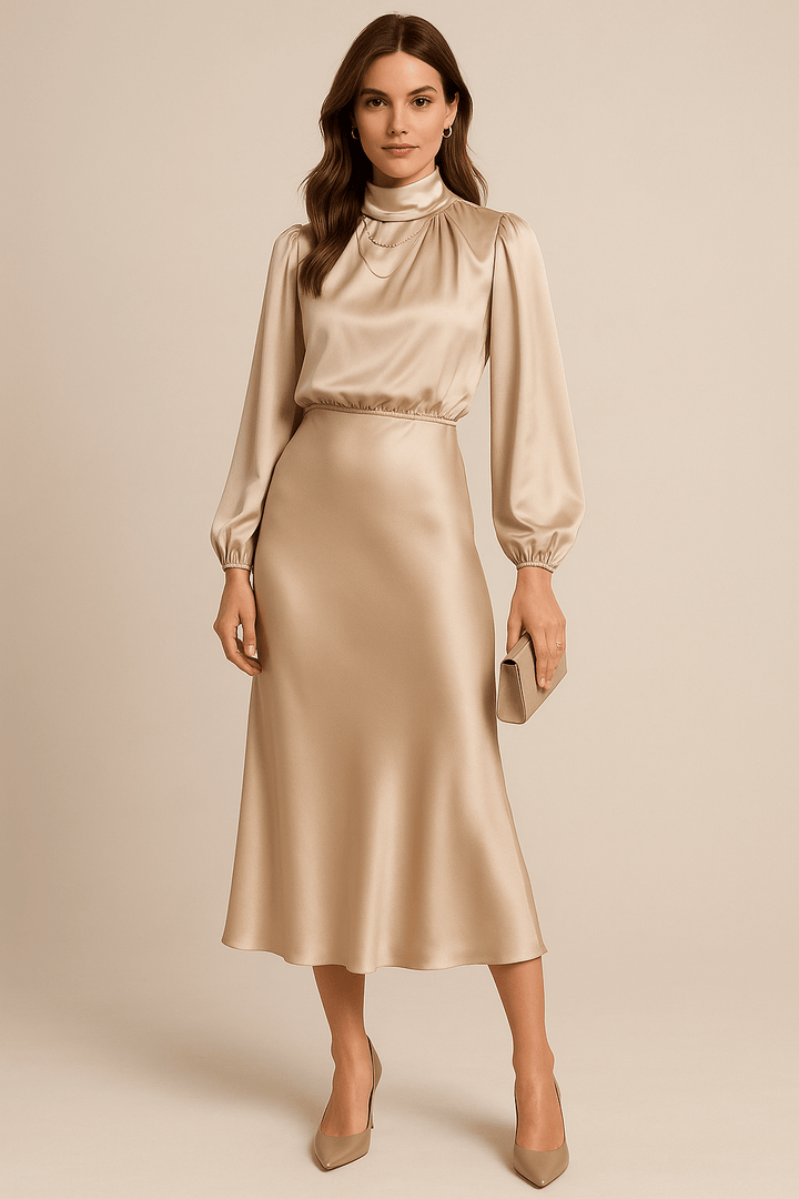 High Neck Midi Dress with Balloon Sleeves and Elasticated Waistband