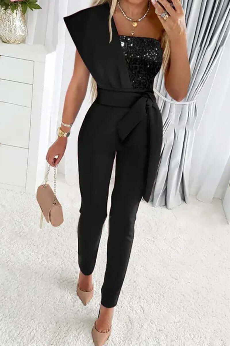 Sequin One-Shoulder Jumpsuit with Belted Waist and Tapered Leg
