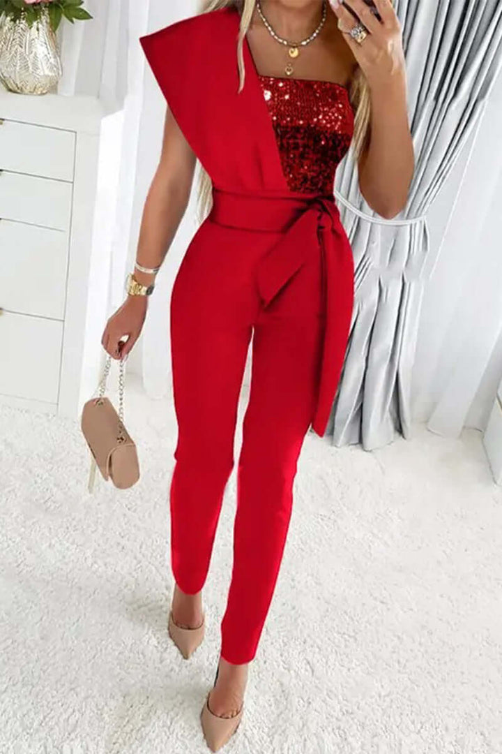 Sequin One-Shoulder Jumpsuit with Belted Waist and Tapered Leg