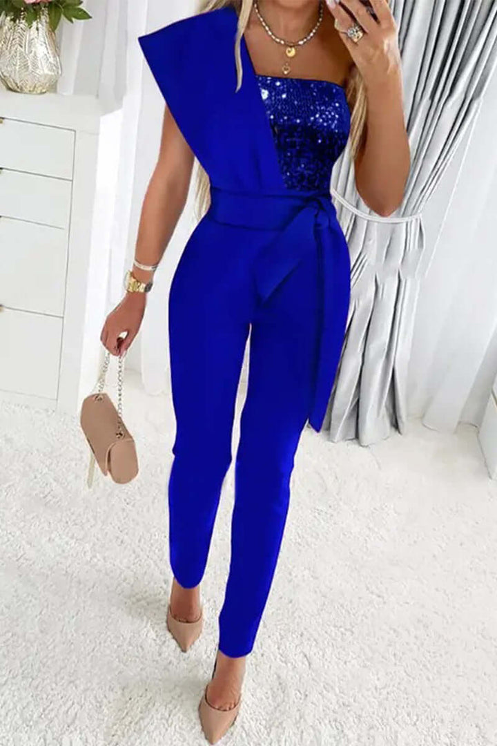 Sequin One-Shoulder Jumpsuit with Belted Waist and Tapered Leg