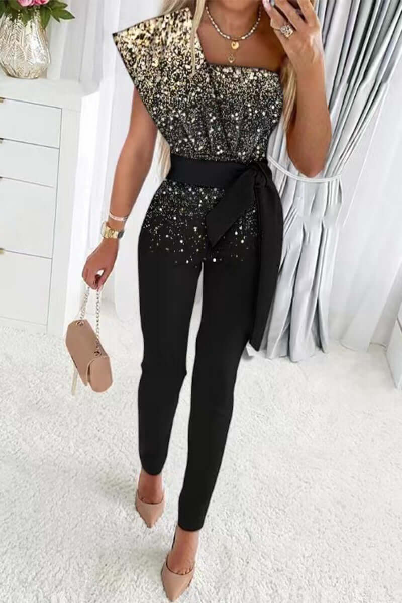 Sequin One-Shoulder Jumpsuit with Belted Waist and Tapered Leg