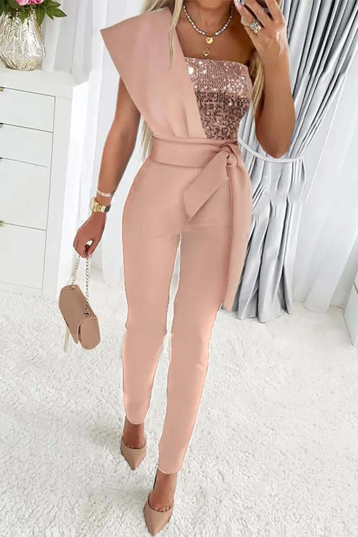 Sequin One-Shoulder Jumpsuit with Belted Waist and Tapered Leg
