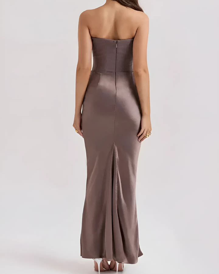 Strapless Maxi Dress with Corset Bodice and Draped Ruched Skirt