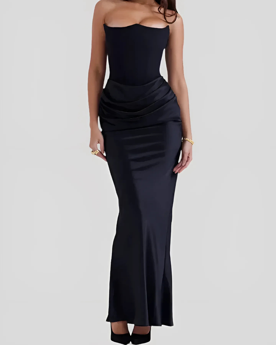 Strapless Maxi Dress with Corset Bodice and Draped Ruched Skirt