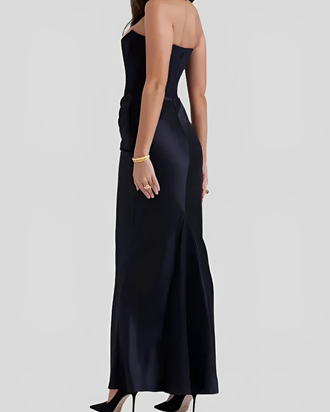 Strapless Maxi Dress with Corset Bodice and Draped Ruched Skirt