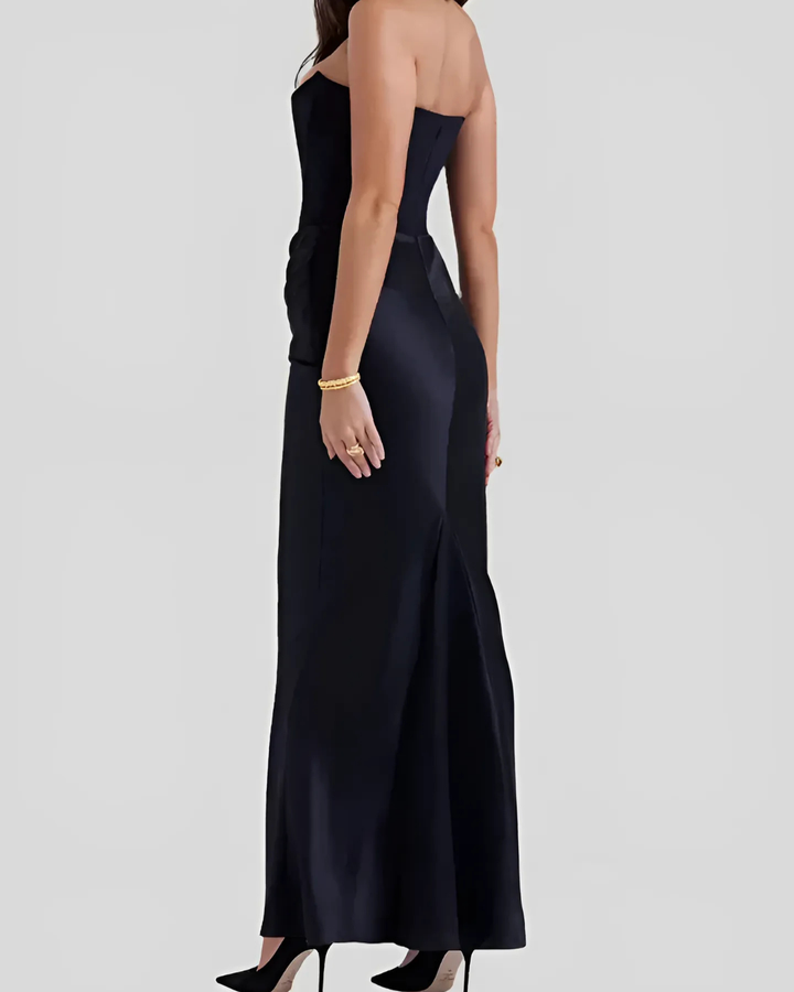 Strapless Maxi Dress with Corset Bodice and Draped Ruched Skirt