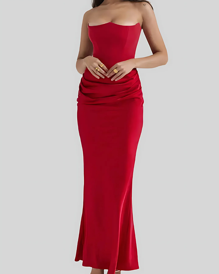 Strapless Maxi Dress with Corset Bodice and Draped Ruched Skirt