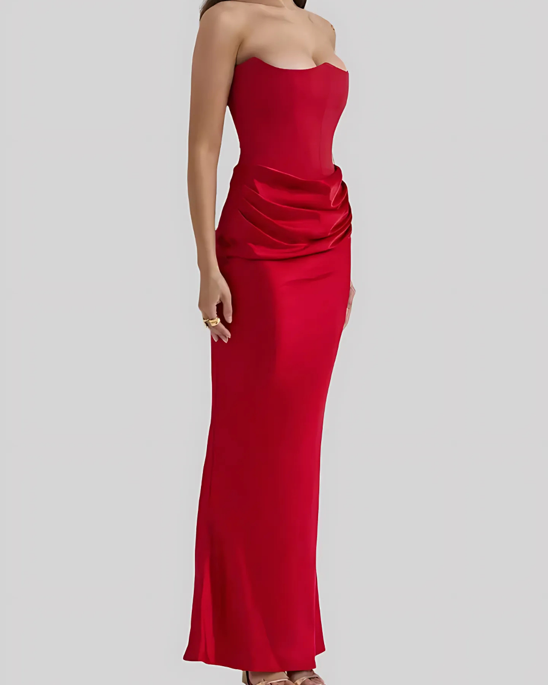 Strapless Maxi Dress with Corset Bodice and Draped Ruched Skirt