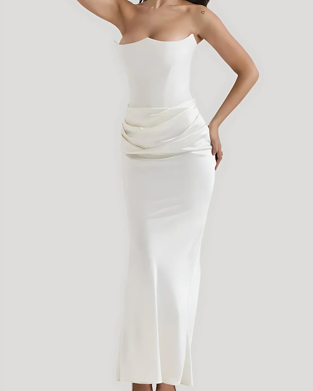 Strapless Maxi Dress with Corset Bodice and Draped Ruched Skirt