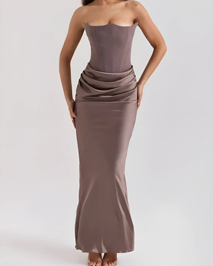 Strapless Maxi Dress with Corset Bodice and Draped Ruched Skirt