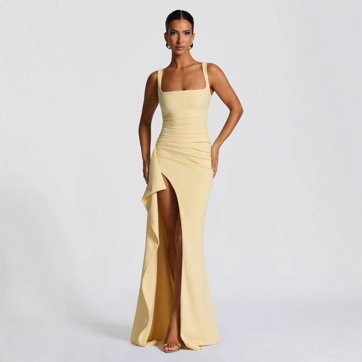 Fitted Maxi Dress with Square Neckline and Side Slit Detail