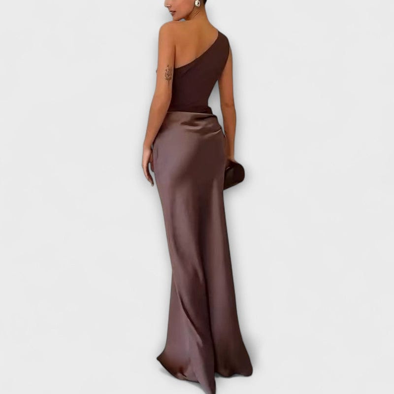 One-Shoulder Maxi Dress with Fitted Bodice and Pleated Skirt