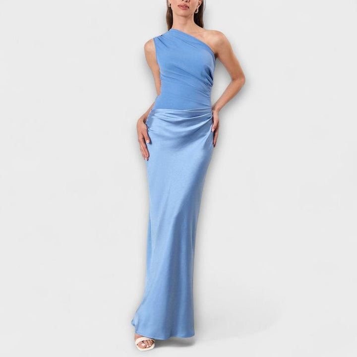 One-Shoulder Maxi Dress with Fitted Bodice and Pleated Skirt