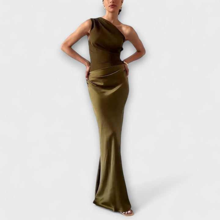 One-Shoulder Maxi Dress with Fitted Bodice and Pleated Skirt