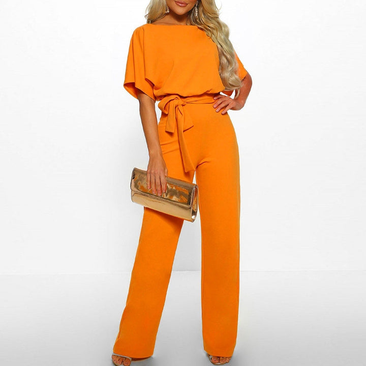 Wide Leg Jumpsuit with Short Sleeves, Round Neckline and Tie Waist Belt