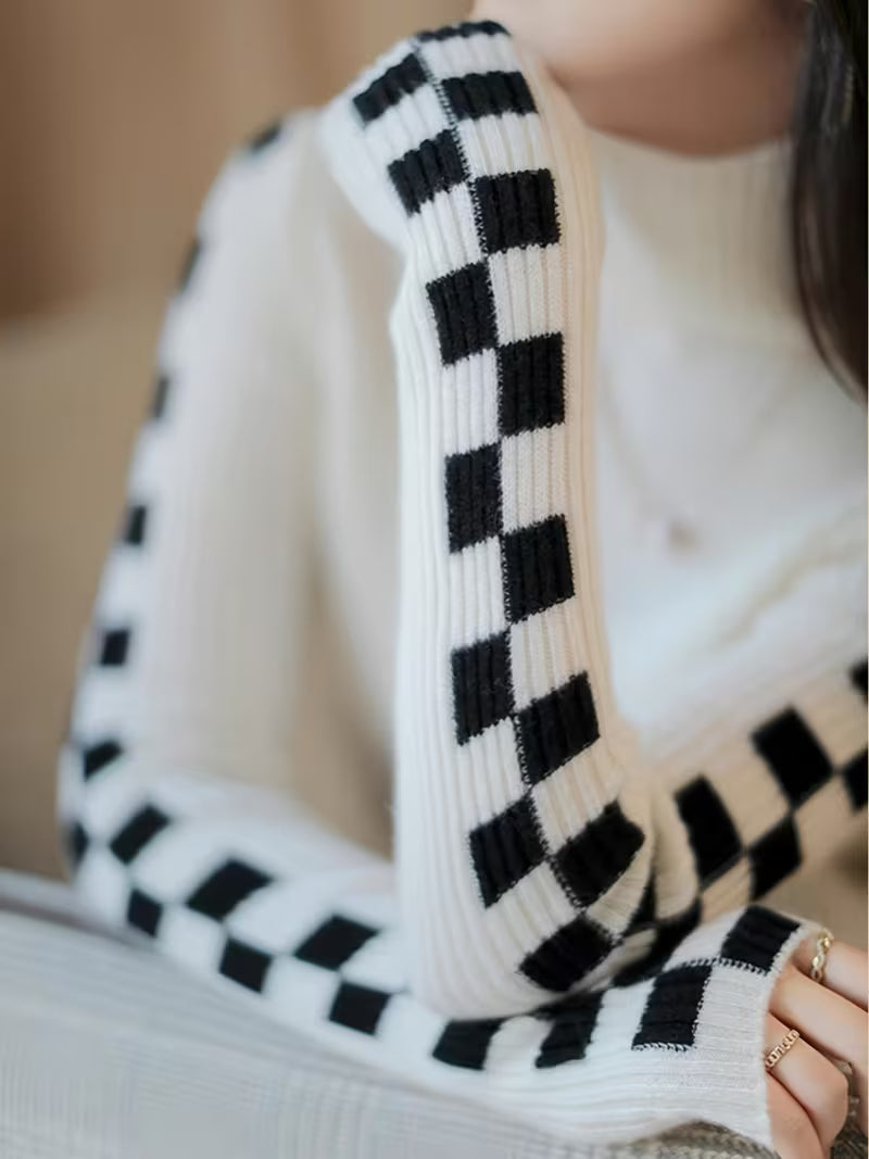 Fitted Turtleneck Top with Long Sleeves and Contrast Pattern Details