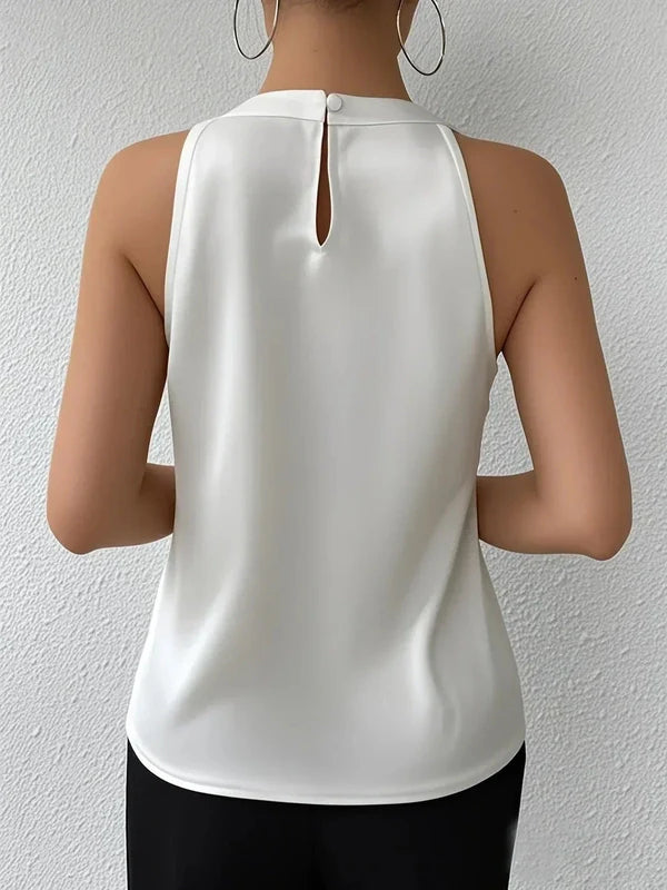 Sleeveless Halter Top with Pleated Neckline and Keyhole Back