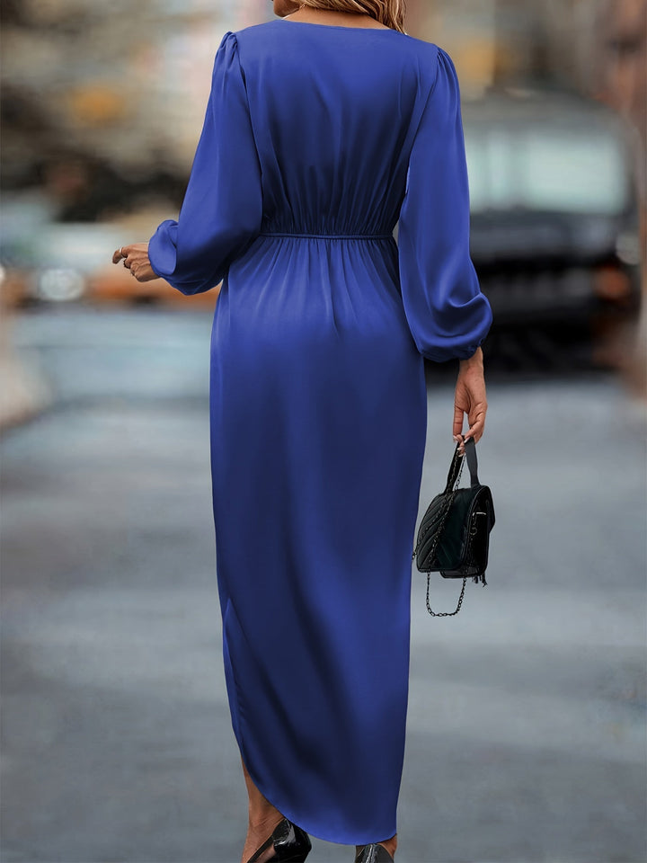V-Neckline Wrap Dress with Balloon Long Sleeves and Draped Skirt