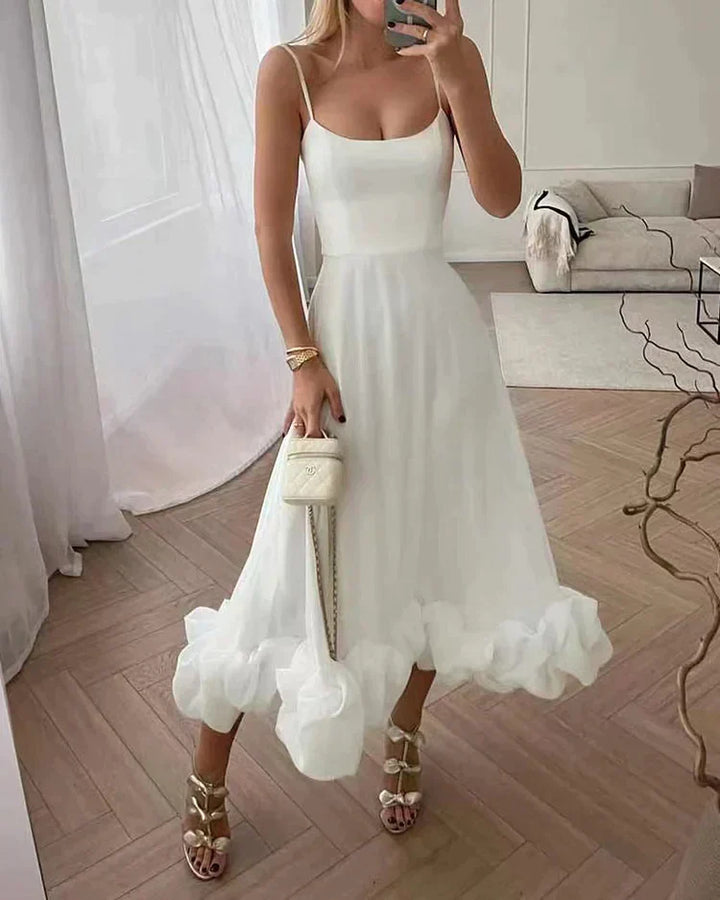 Midi Slip Dress with Spaghetti Straps and Ruffle Bubble Hem