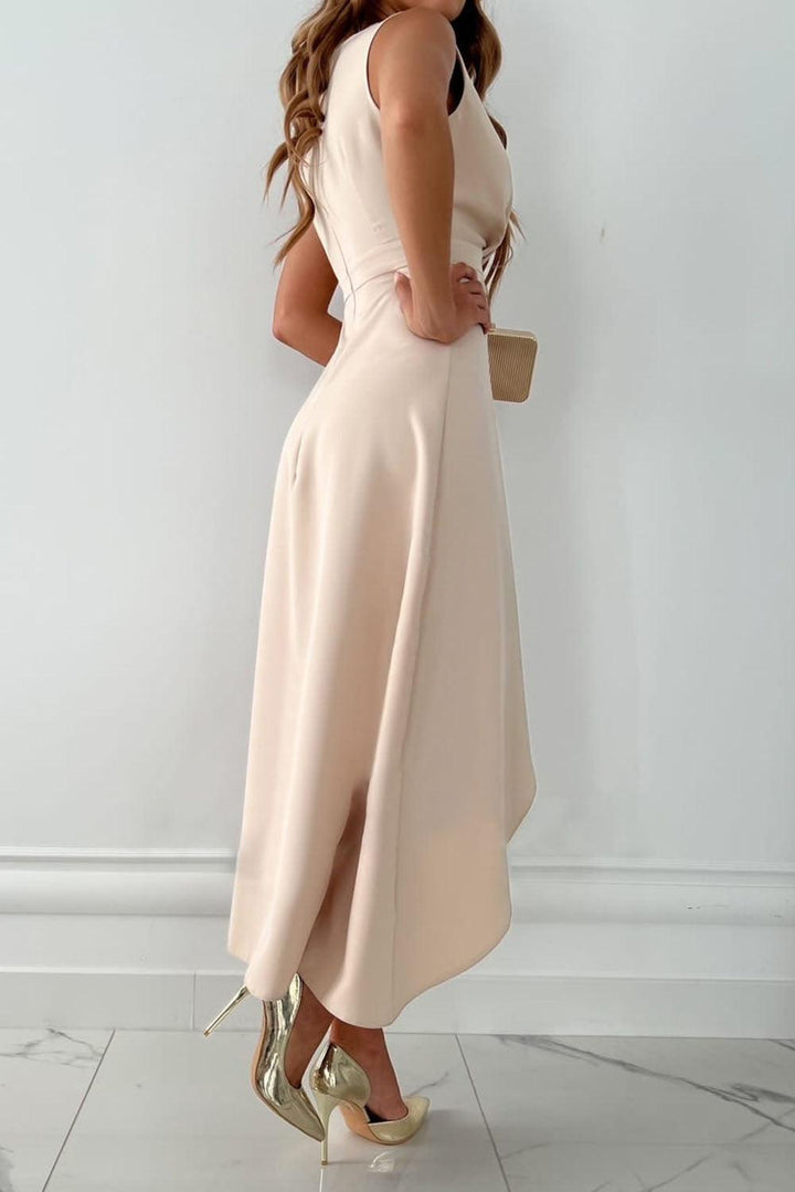 Sleeveless Midi Dress with V-Neckline, Tie Waist Belt and Asymmetrical Wrap Hem