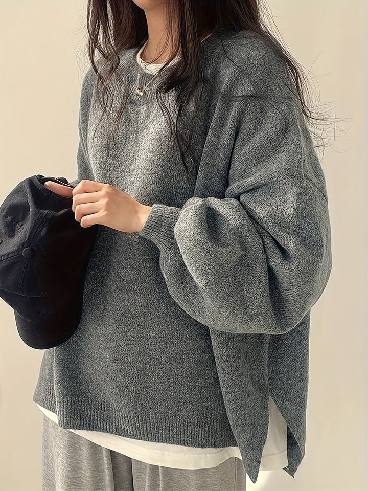 Oversized Knit Sweater with Round Neckline and Ribbed Finishes