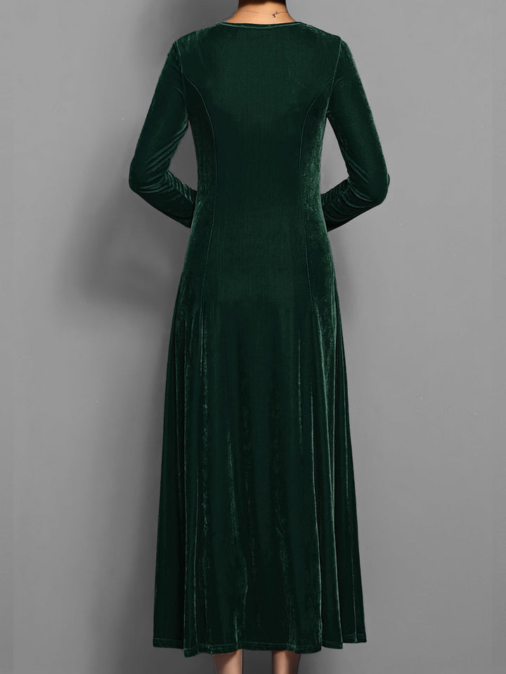 Round Neck Maxi Dress with Long Sleeves and A-Line Skirt