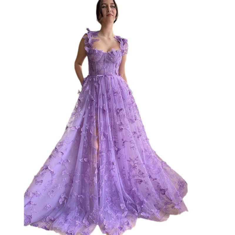 Floral Embroidered Maxi Dress with Ruffled Shoulder Straps and Front Slit