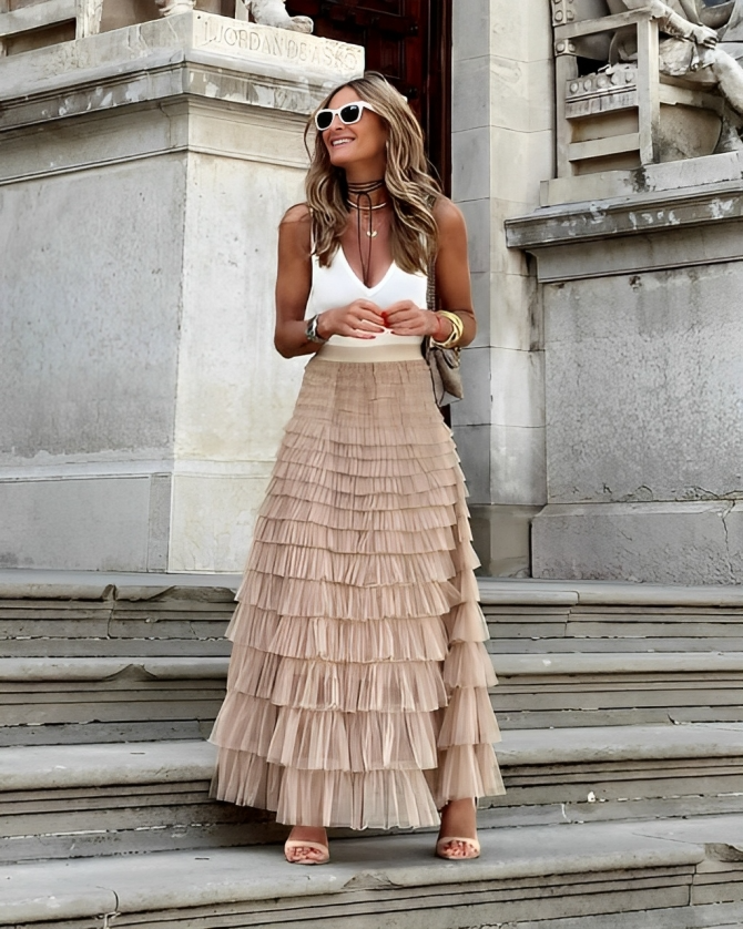 Tiered Maxi Skirt with Wide Stretch Waistband and Ruffle Layers