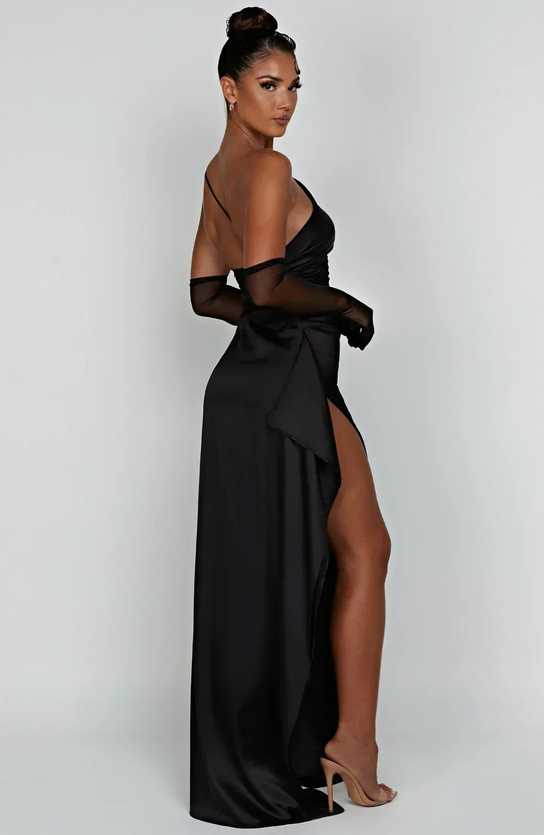 One-Shoulder Maxi Dress with Draped Skirt and Side Slit