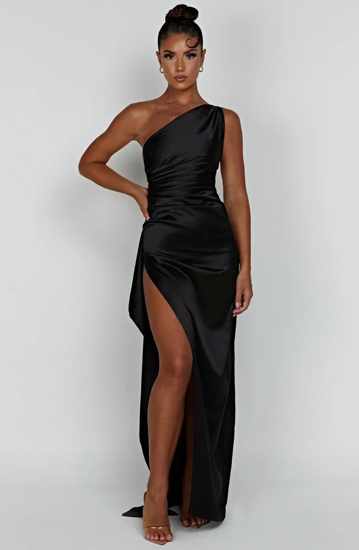 One-Shoulder Maxi Dress with Draped Skirt and Side Slit