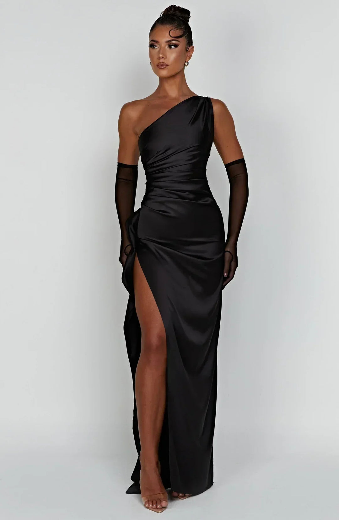 One-Shoulder Maxi Dress with Draped Skirt and Side Slit