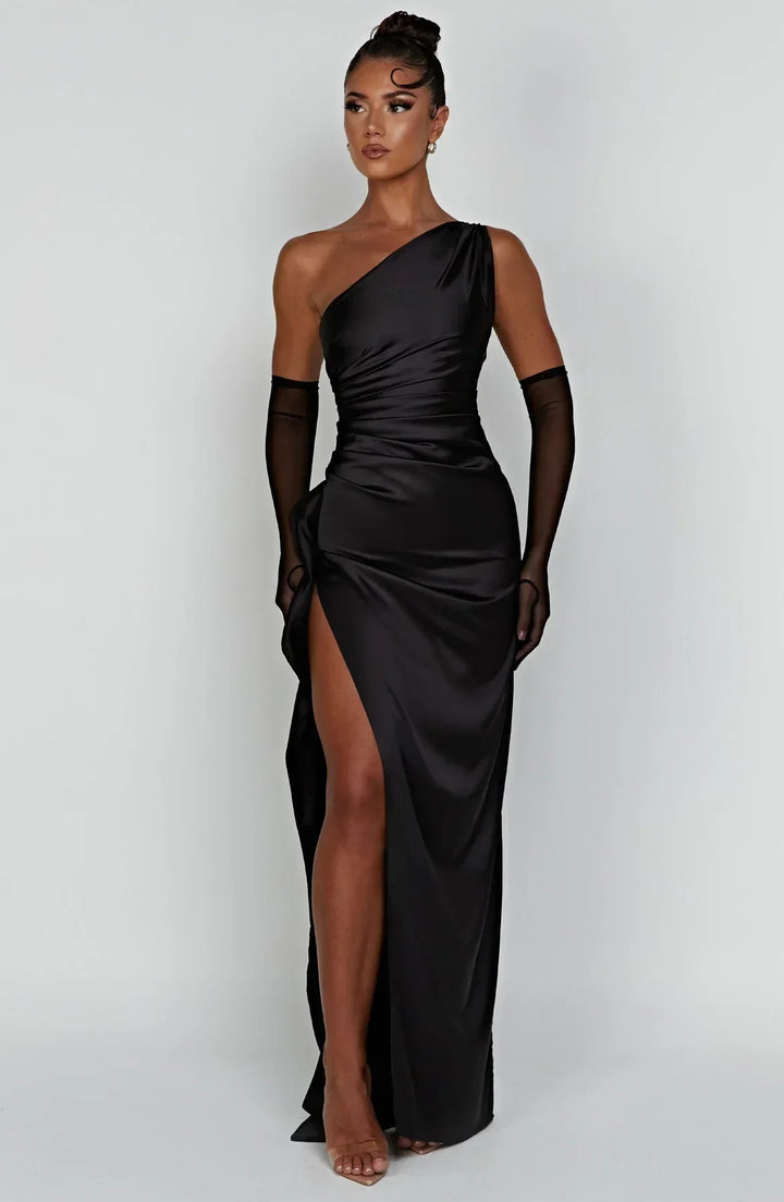 One-Shoulder Maxi Dress with Draped Skirt and Side Slit