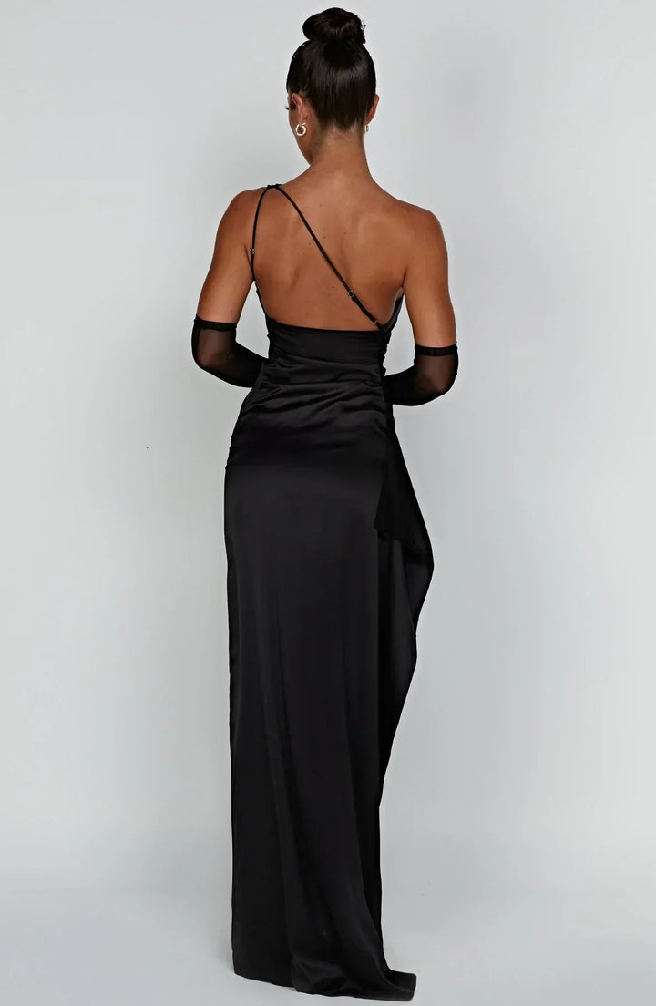 One-Shoulder Maxi Dress with Draped Skirt and Side Slit