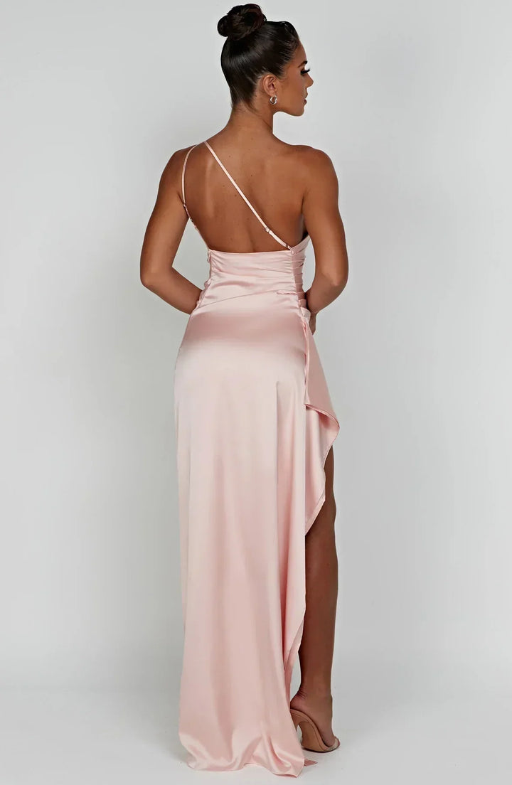 One-Shoulder Maxi Dress with Draped Skirt and Side Slit