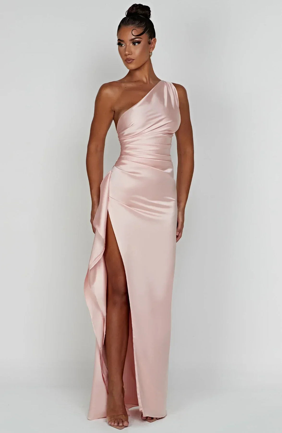 One-Shoulder Maxi Dress with Draped Skirt and Side Slit
