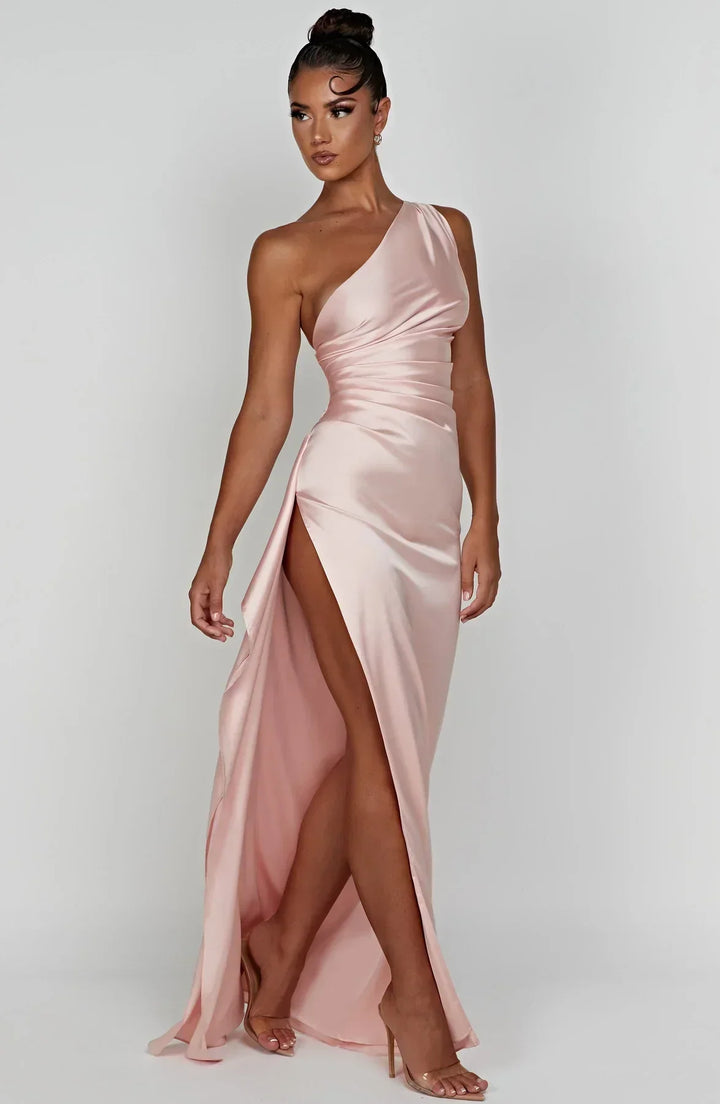 One-Shoulder Maxi Dress with Draped Skirt and Side Slit